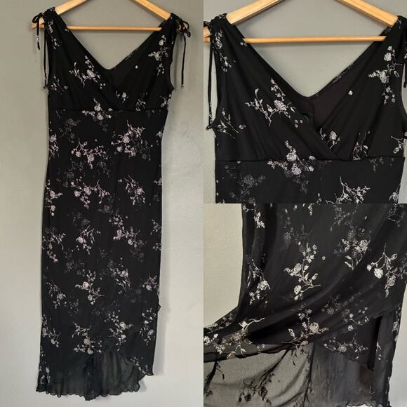 Y2K Vintage Black Floral Midi Dress Witchy Whimsigoth Dark Romantic Fairy Size S - Picture 2 of 10